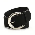 Classic black suede wide belt featuring a polished silver-tone crescent metal buckle - Black