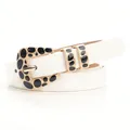 Women's white leather leopard belt with gold-rimmed buckle and modern spotted pattern - White