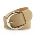 Women's wide PU suede waist belt in beige with a large silver arc-shaped metal buckle - Khaki