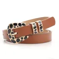 Brown leopard style belt for women featuring a gold alloy buckle with black pattern - Camel