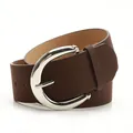 Coffee brown suede waist belt with polished silver-tone metal buckle on white background - Coffee