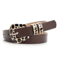 Deep brown leather belt with leopard print alloy buckle for casual styling - Coffee