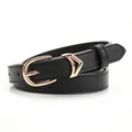 Elegant slim black leather belt for women with golden V-shaped buckle on white background - 1.9cmx103cm / Black