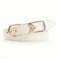 Slim white leather belt for women with rose gold V-shaped buckle and fine stitching - 1.9cmx103cm / White