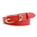 Slim bright red leather belt for women with gold round buckle and arrow decorative loop - 1.9cmx103cm / Red
