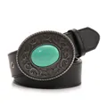 Vintage black leather belt with an oval turquoise buckle and bohemian floral carvings - Vine Carved Turquoise Inlaid Style (960)