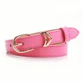 Slim pink faux leather belt for women with elegant golden V-shaped metal buckle - 1.9cmx103cm / Rose Red