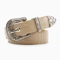 Beige crocodile embossed leather belt featuring ornate silver western floral carved buckle - Khaki
