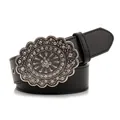 Vintage black leather belt for women featuring a large oval buckle with white rhinestones - Radial Rhinestone Inlaid Style (961)