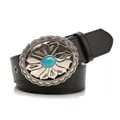 Vintage black leather belt for women featuring a silver bohemian floral buckle and turquoise stone - Petal Shaped Turquoise Inlaid Style (962)