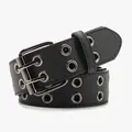 Punk style black double grommet belt with silver metal eyelets and a polished buckle - Black