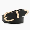 Minimalist black leather belt for women featuring a gold U-shaped buckle and metal tip - Black