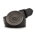 Vintage black leather belt featuring an ornate silver bohemian buckle and western engraving - Geometric Radial Pattern Round Buckle Style (963)