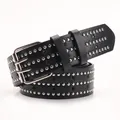 Schwarzer Punk-Ledergürtel mit dreireihigen Nieten und Stern-Applikationen für Damen - Stern-Hohl-Nieten-Stil / 948-Schwarz
