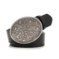 Vintage black leather belt featuring an oversized silver floral engraved buckle - Floral Relief Oval Buckle Style (964)