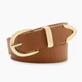 Minimalist brown leather belt for women with golden oval buckle and fine stitching details - Camel