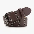 Dark brown leather belt with double row metal eyelets and a silver square buckle - Coffee
