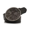 Vintage black leather belt featuring a large floral engraved buckle with white rhinestones - Rhinestone Embellished Floral Round Buckle Style (965)