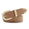 Minimalist light brown leather belt for women featuring gold buckle and contrast stitching - Khaki