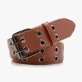Punk style dark brown PU leather belt featuring double rows of silver metal eyelets - Camel