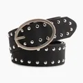 Black leather belt with silver studs and oval buckle, punk style for women's jeans - Black
