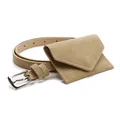 Bolso de cinturón minimalista en ante beige con hebilla plateada y correa delgada - Caqui