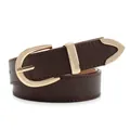 Minimalist dark brown leather belt with gold horseshoe buckle and metal tip detail - Coffee