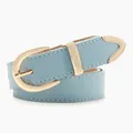 Minimalist light blue leather belt for women with gold horseshoe buckle and metal tip - Light Blue