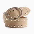 Beige faux suede studded belt for women with oval buckle and silver metal rivets - Khaki