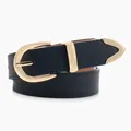 Minimalist dark blue leather belt for women featuring a golden metal buckle and tip - Navy Blue