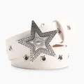 Cream white leather belt with vintage silver star buckle and metal star studs for women - White