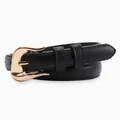 Women's minimalist black leather belt with elegant golden metal pin buckle for jeans - Black