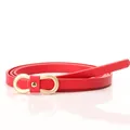 Slim red PU leather belt for women with polished gold infinity buckle on white background - Red
