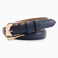 Navy blue slim leather belt for women with elegant irregular gold metal buckle - Navy Blue