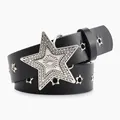 Women's black leather punk belt with large silver star buckle and star-shaped eyelets - Black