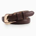 Slim dark brown leather belt for women with elegant golden metal pin buckle - Coffee