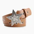 Women's brown leather belt with vintage star buckle and silver star eyelets detail - Camel