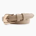 Slim light brown leather belt for women with elegant golden pin buckle and stitching - Khaki
