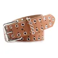 Cintura in pelle marrone con occhielli e fibbia argento stile punk hip-hop da donna - Cammello