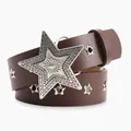 Brown leather belt with large star buckle and small star eyelets in vintage punk style - Coffee
