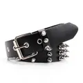 Gothic punk black leather belt featuring three rows of silver metal spike studs - 100cm / Black