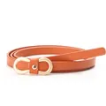 Schlanker Damenledergürtel in Orange mit modischer goldener Doppelring-Metallschnalle - Camel