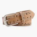 Light brown Y2K punk belt with double-row metal rivets and star cutouts on leather - Khaki