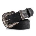 Cintura Y2K in pelle nera goffrata con fibbia argentata intagliata stile vintage - Nero