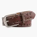 Y2K brown leather belt with double silver rivets and star cutouts for jeans - Coffee