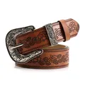 Cintura western vintage Y2K in pelle marrone con rilievi floreali e fibbia argento - Cammello
