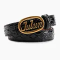 Glossy black quilted leather belt with vintage golden Julun buckle for casual wear - Black - Gold Buckle