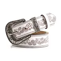 Western style white Y2K leather belt with brown floral embossing and silver buckle - White