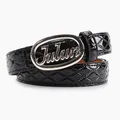 Glossy black quilted leather belt for women with silver Julun logo oval metal buckle - Black-Silver Buckle