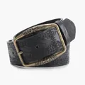 Ceinture noire en cuir rétro avec gaufrage floral et grande boucle en bronze gravée - Noir